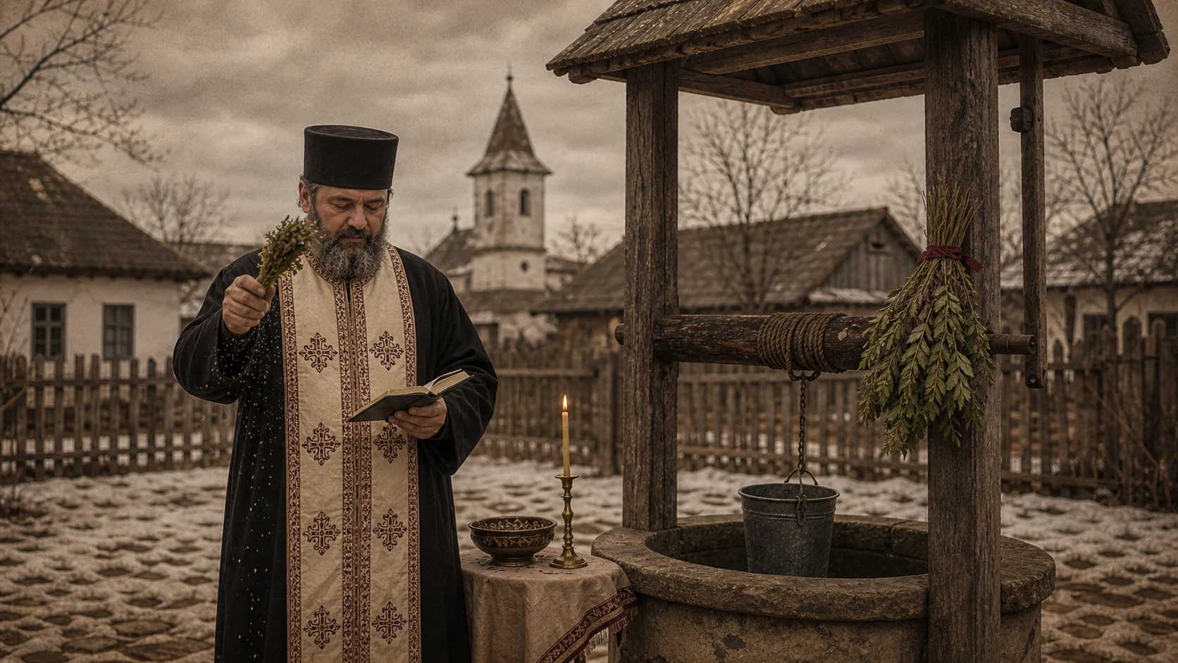 Preot ortodox la o fântână țărănească cu busuioc legat la stâlp — momentul liturgic care marchează apa