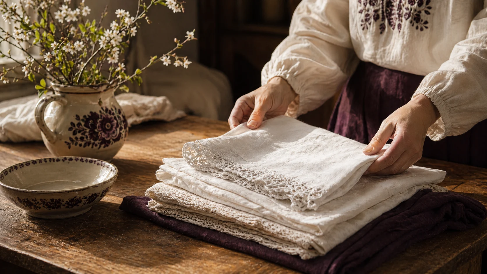 Mâini care aranjează textile curate pe masă de lemn — gestul practic care devine pregătire de sărbătoare