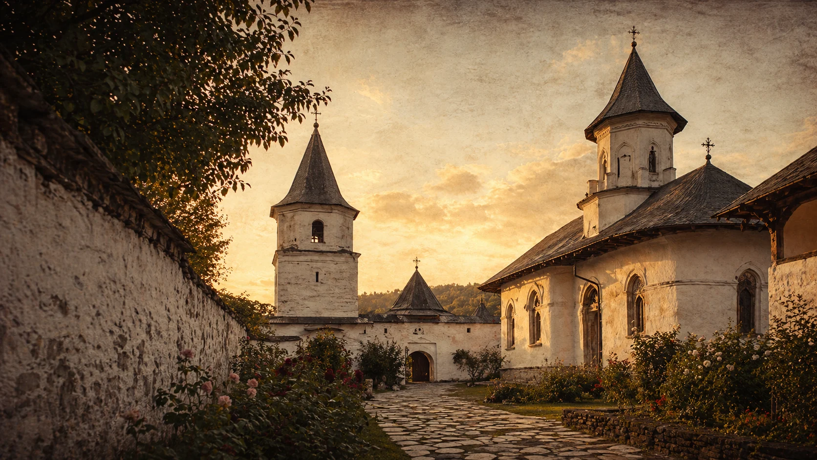 Mănăstire veche românească în lumină de seară — legenda Meșterului Manole între creație și sacrificiu