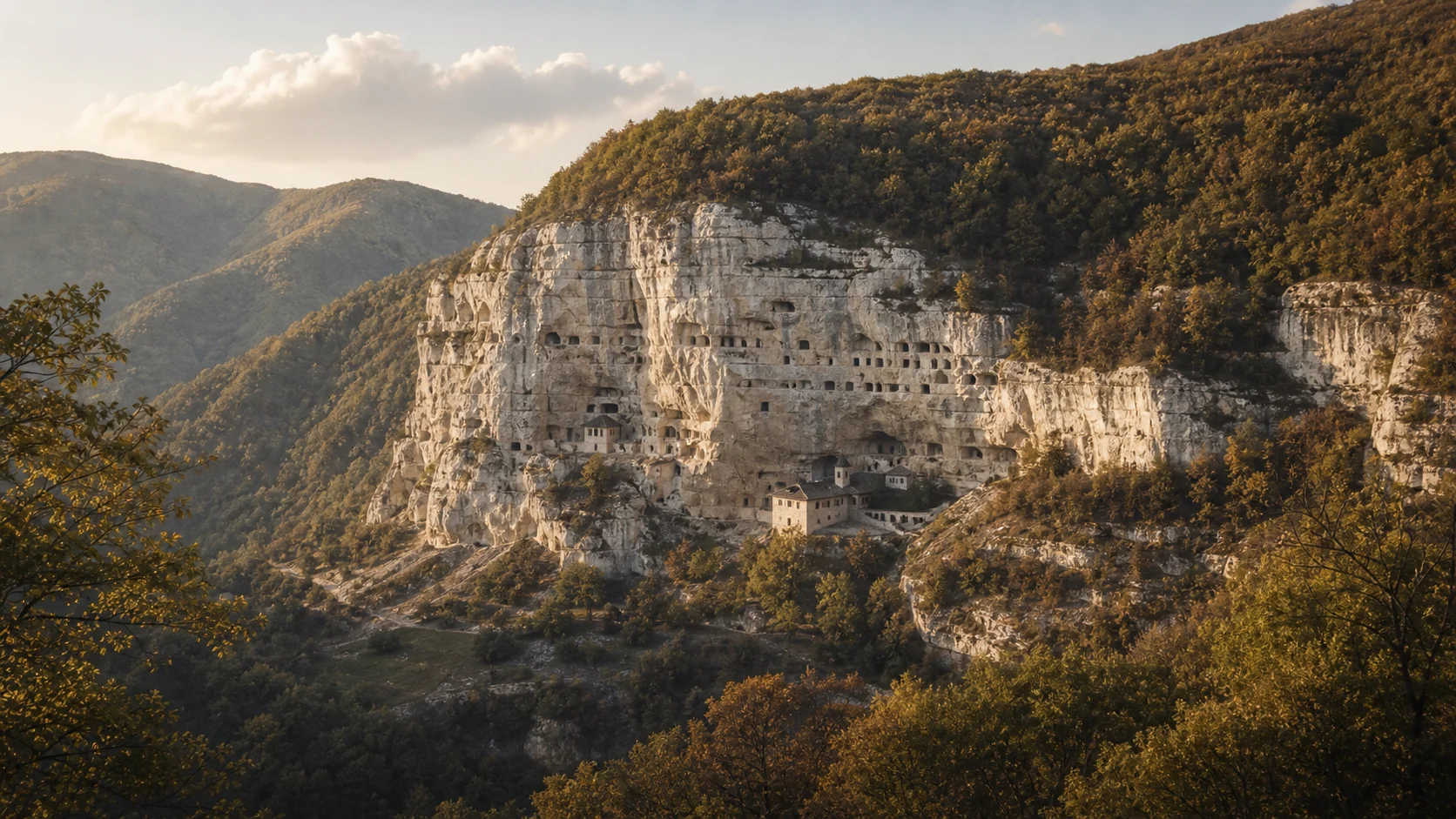 Complex rupestru văzut de departe cu zeci de deschideri în stâncă albă — densitatea unei tradiții ascunse în peisaj