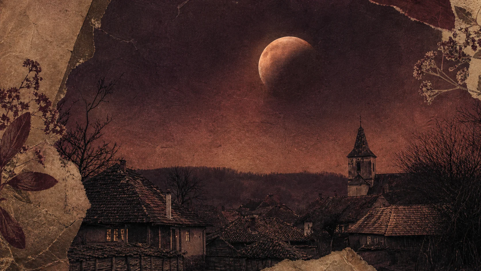 Lună eclipsată peste un sat vechi — vârcolacul din folclor înainte de imaginea modernă