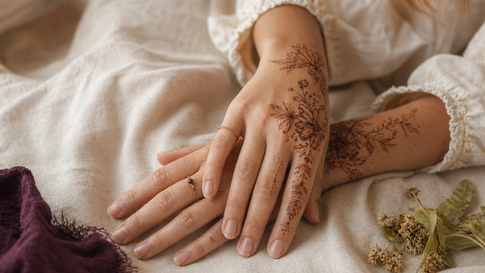 Mâini de femeie cu tatuaj fin floral — tatuajul sacru între simbol și feminitate asumată