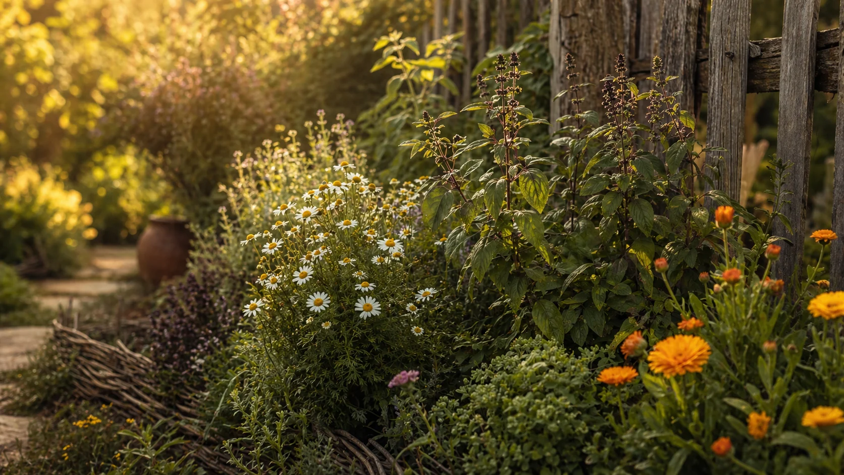 Grădină tradițională cu plante aromatice lângă gard de lemn — locul unde utilul și simbolicul cresc împreună