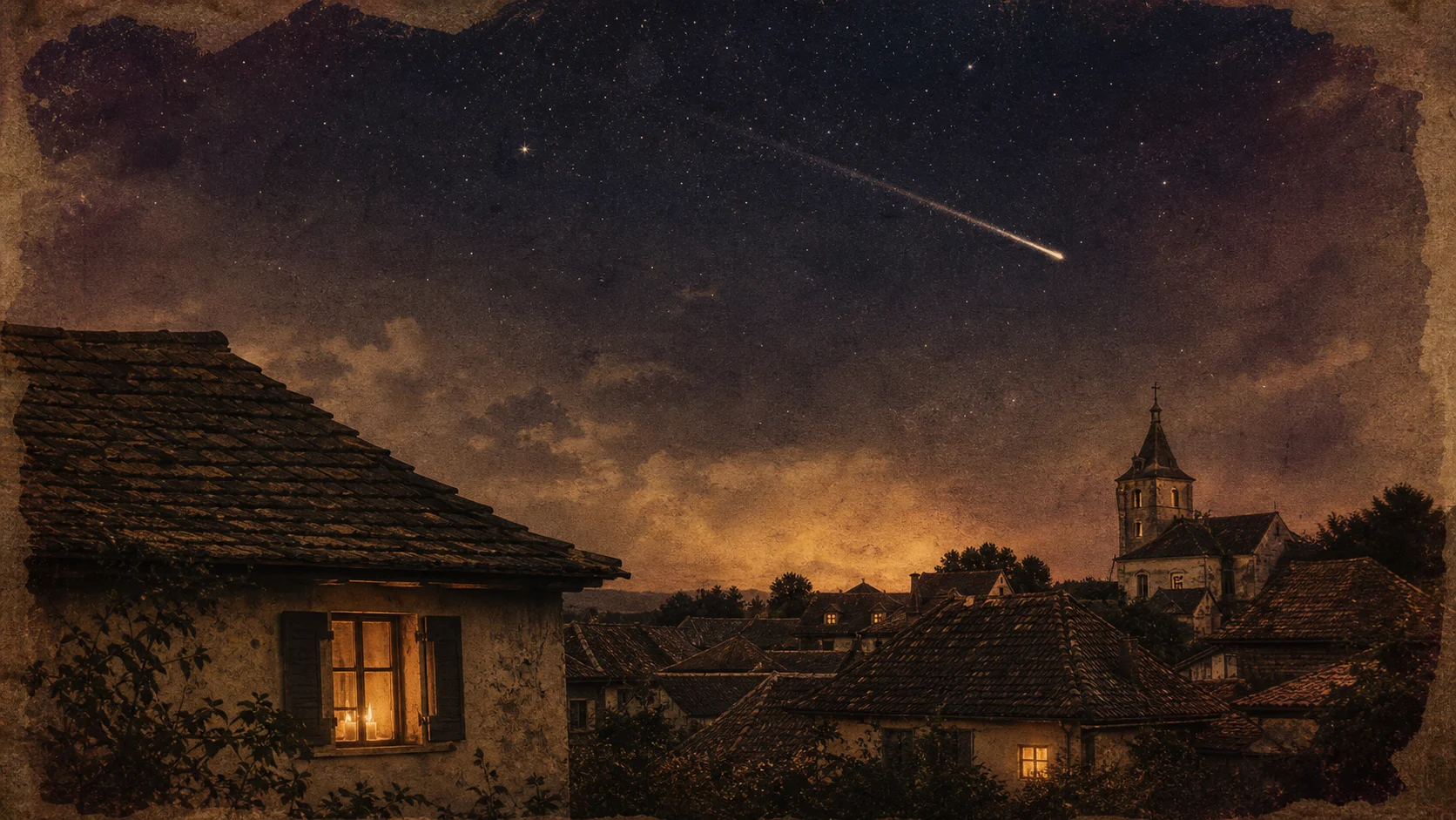 Stea căzătoare peste un sat vechi cu fereastră luminată — Zburătorul ca apariție cosmică, înainte de transformarea lui literară