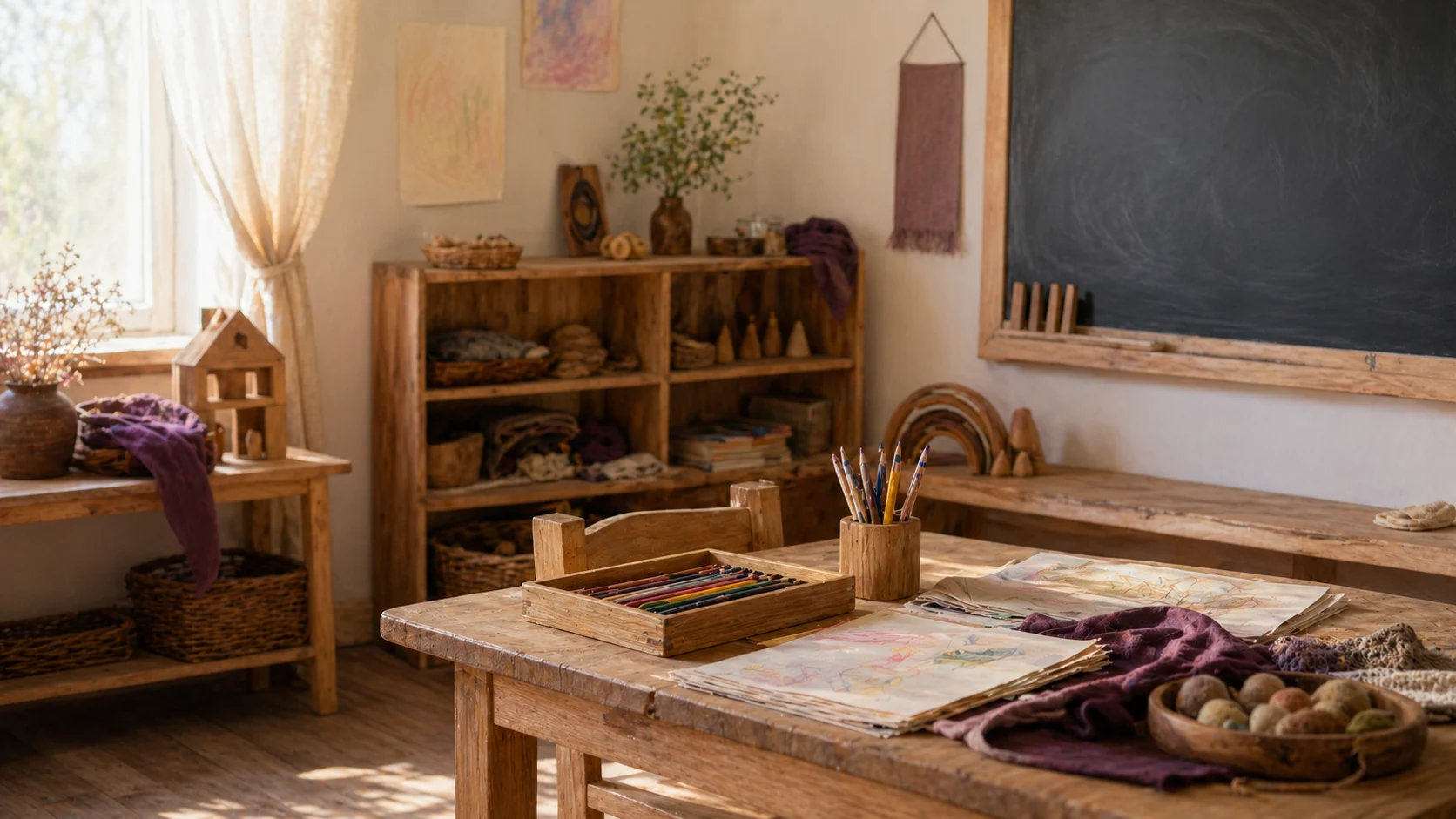 Sală de clasă luminoasă cu materiale naturale — școala Waldorf între pedagogie și controverse