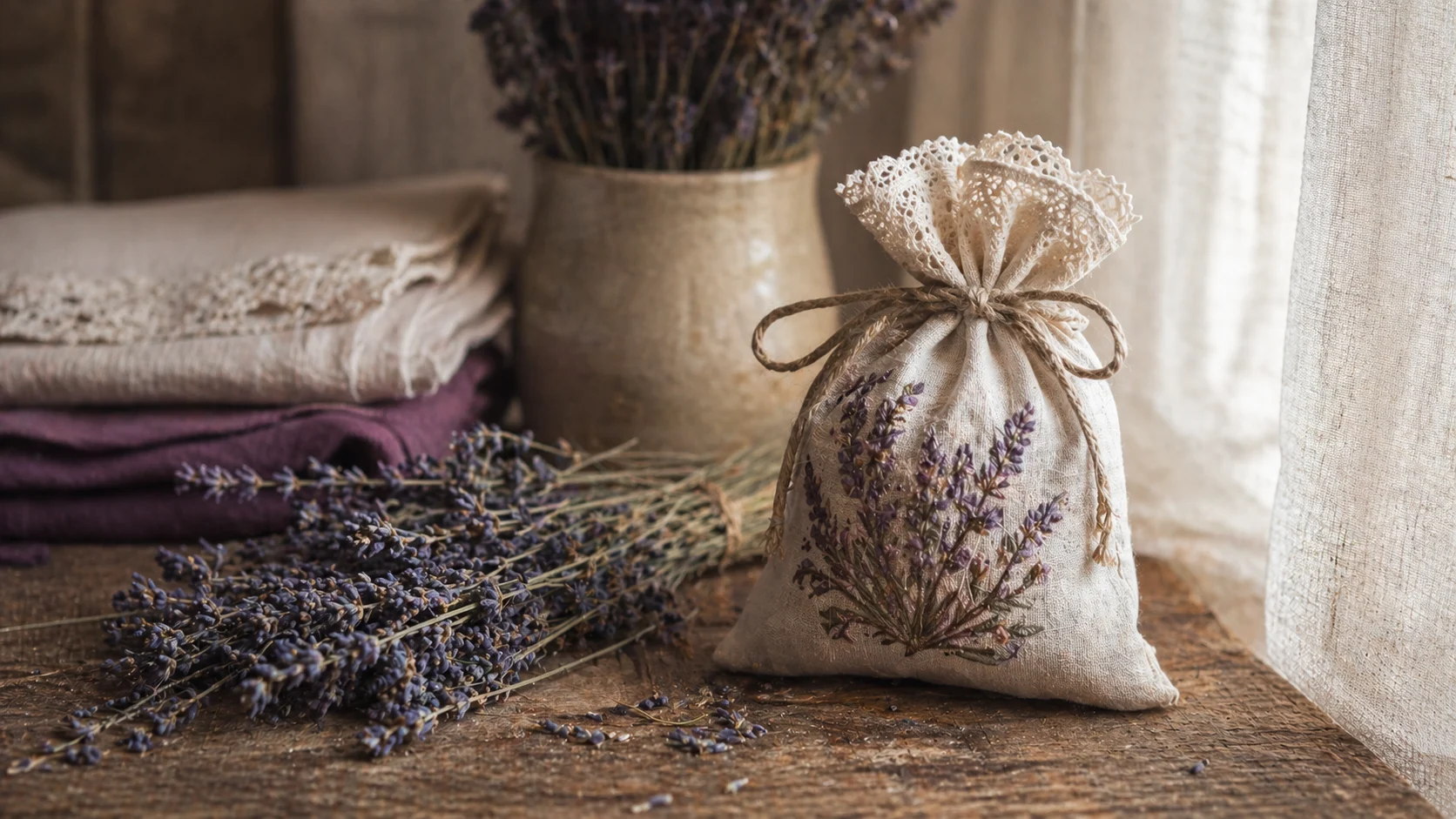 Săculeț textil cu lavandă pe masă veche de lemn — parfum, protecție și ritual domestic