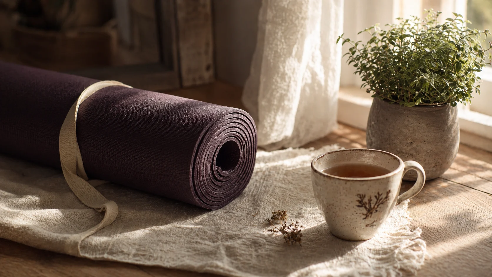 Covoraș de yoga, ceai și lumină de dimineață — practica de acasă înainte de orice echipament complicat
