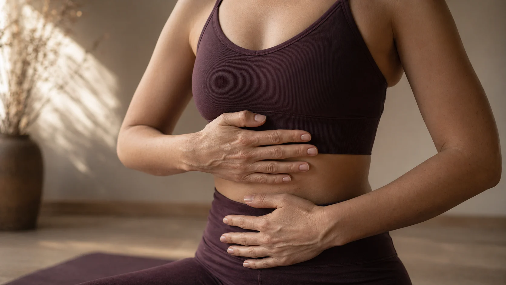 Mâini pe diafragmă în studio — respirația controlată ca punte între yoga și pilates